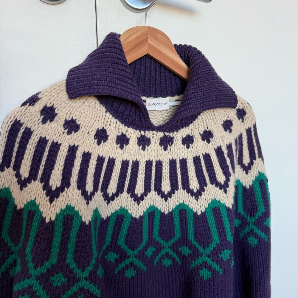 Moncler Sweater with Cream, Purple, and Turquoise Geometric Design